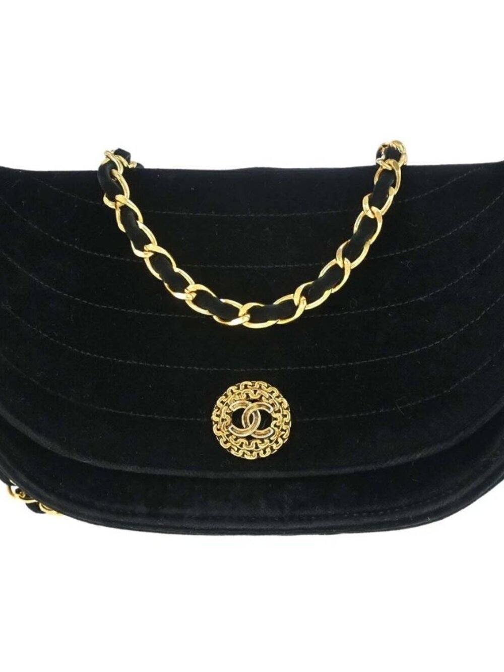 Chanel Black Velvet Half Moon Flap Shoulder Bag 168108
